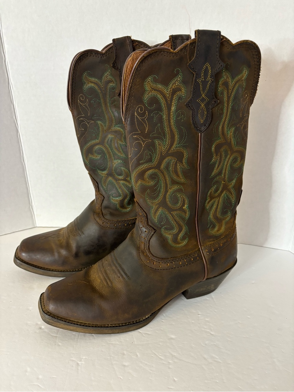 Women’s Justin Stampede Brown Leather Western Cowboy Boots with Green Stitching